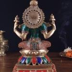 12" Brass Goddess Lakshmi Statue | Meenakari Stonework Divine Murti | Sacred Temple Art